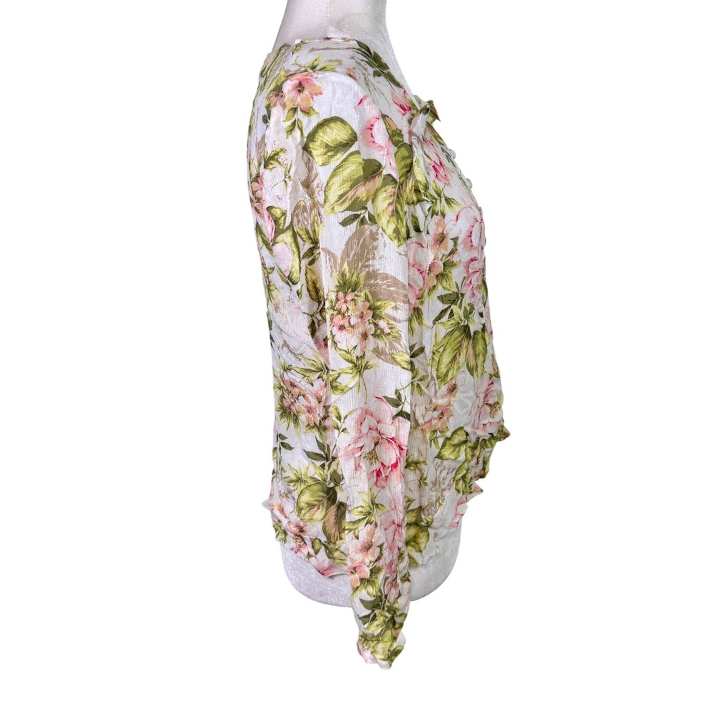 J. Jill Floral Ruffle Button Down Blouse Pink Green Rayon Petite Small‎ - Picture 3 of 10